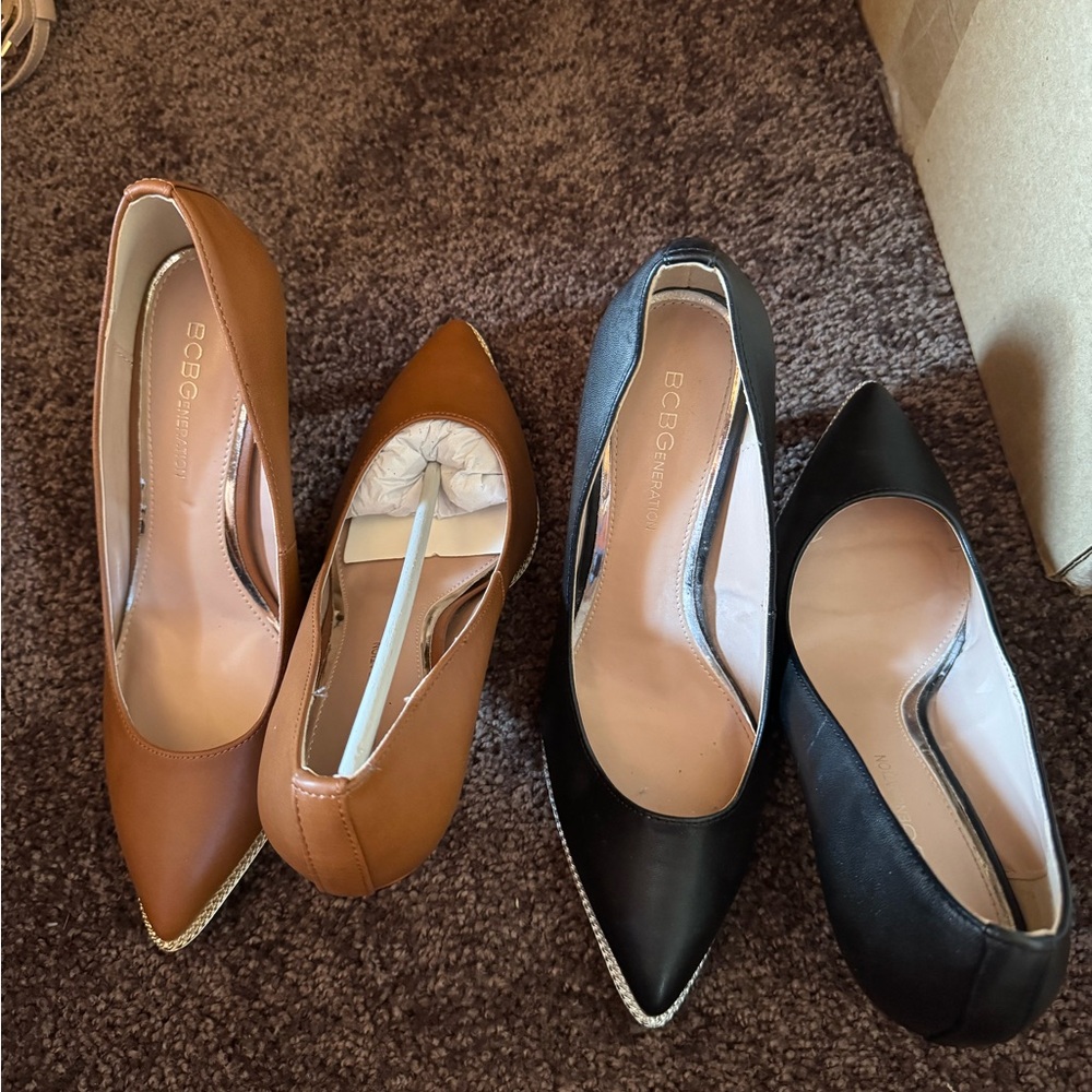 BCBG Pointed Toe Pumps in Black and Tan with Metallic Trim